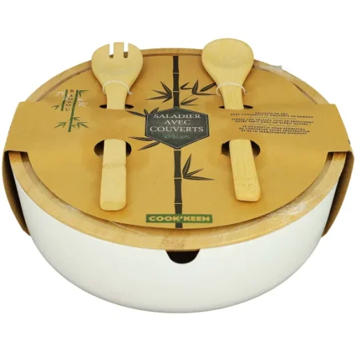 Saladier En Bambou Couvercle + Couverts